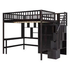 Lit mezzanine pleine taille avec armoire et bureau intégré, cadre de lit mezzanine en bois massif avec escalier et étagère de rangement pour enfants