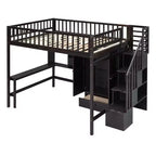 Lit mezzanine pleine taille avec armoire et bureau intégré, cadre de lit mezzanine en bois massif avec escalier et étagère de rangement pour enfants