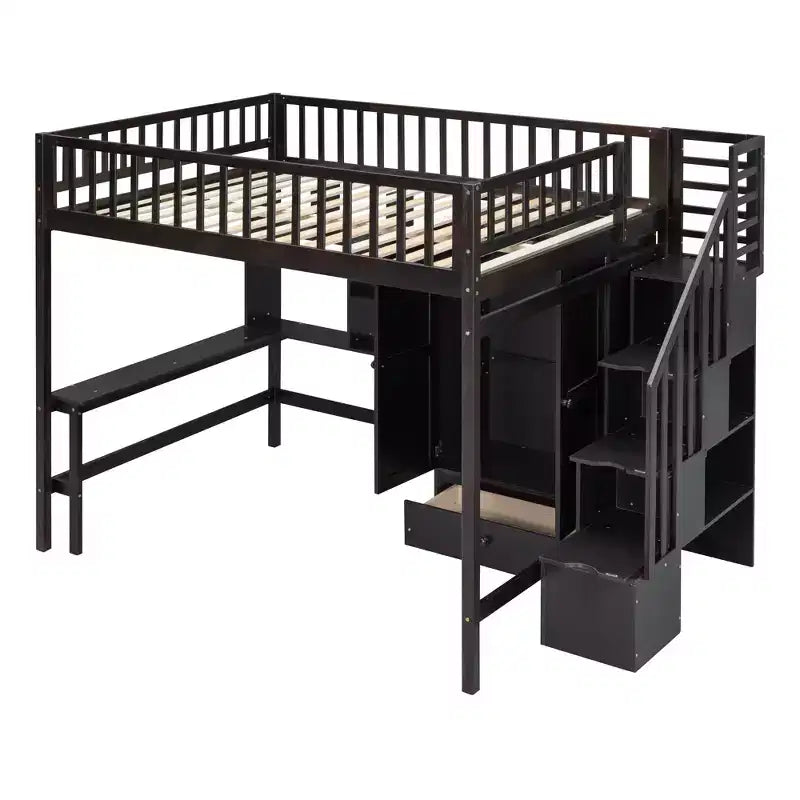 Lit mezzanine pleine taille avec armoire et bureau intégré, cadre de lit mezzanine en bois massif avec escalier et étagère de rangement pour enfants