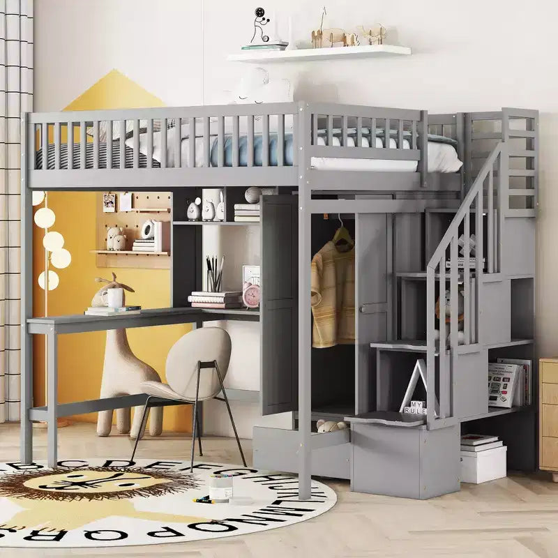 Lit mezzanine pleine taille avec armoire et bureau intégré, cadre de lit mezzanine en bois massif avec escalier et étagère de rangement pour enfants