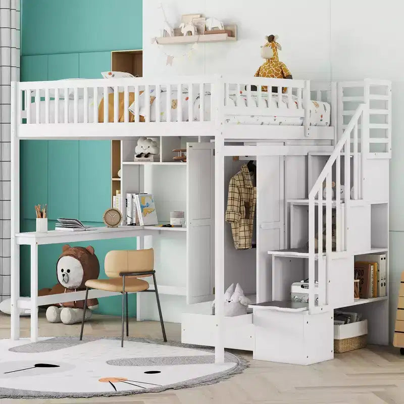 Lit mezzanine pleine taille avec armoire et bureau intégré, cadre de lit mezzanine en bois massif avec escalier et étagère de rangement pour enfants