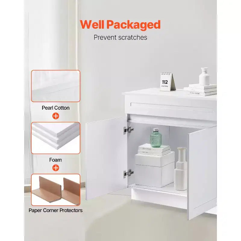 Meuble bas Shaker, Meuble bas sous évier non assemblé de 36 pouces, Meuble de 36 L x 24 P x 34,5 H prêt à assembler, Blanc
