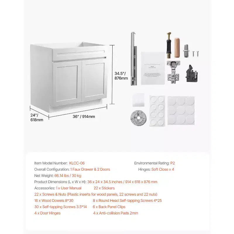 Meuble bas Shaker, Meuble bas sous évier non assemblé de 36 pouces, Meuble de 36 L x 24 P x 34,5 H prêt à assembler, Blanc