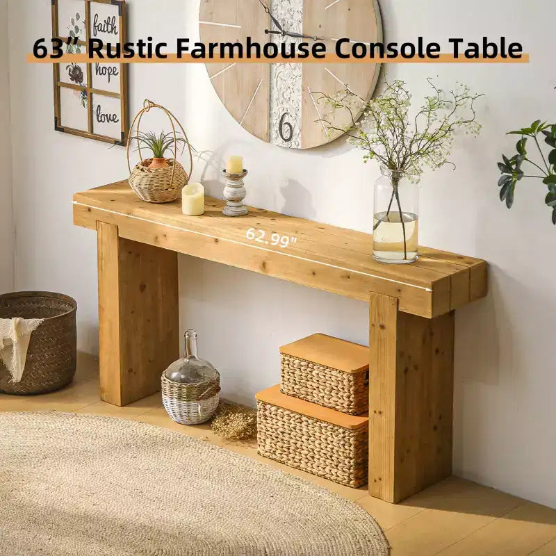 Table Console en Bois Massif 63 po, Table de Canapé de Ferme Rustique, Table Étroite d'Entrée, Table d'Appoint, Naturel