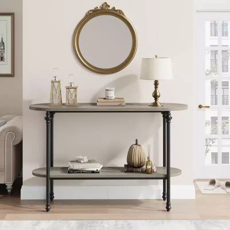Console, Table d'entrée de 43 po avec rangement, Table de canapé à 2 niveaux avec cadre en métal et MDF, Derrière le canapé - Gris rustique