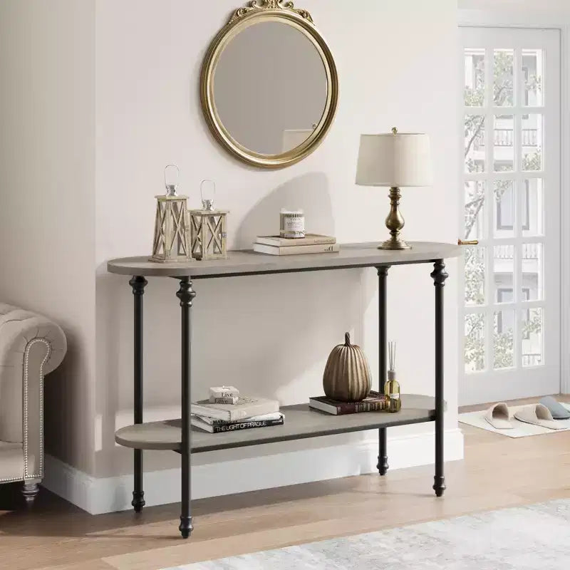 Console, Table d'entrée de 43 po avec rangement, Table de canapé à 2 niveaux avec cadre en métal et MDF, Derrière le canapé - Gris rustique