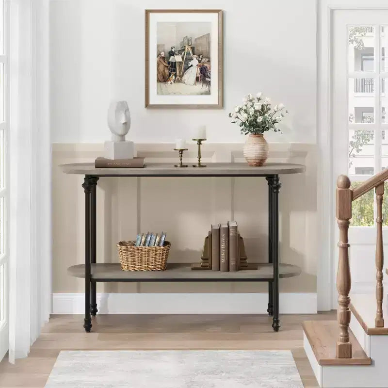 Console, Table d'entrée de 43 po avec rangement, Table de canapé à 2 niveaux avec cadre en métal et MDF, Derrière le canapé - Gris rustique