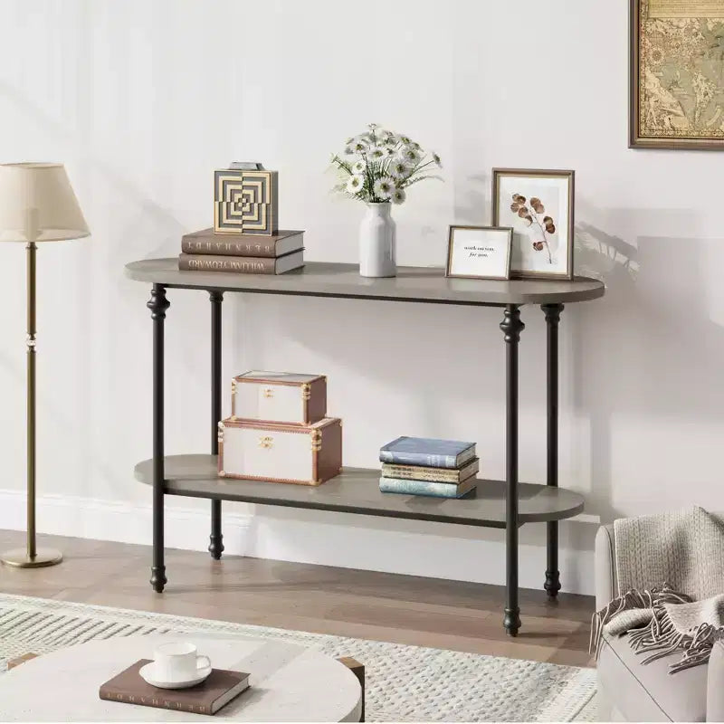 Console, Table d'entrée de 43 po avec rangement, Table de canapé à 2 niveaux avec cadre en métal et MDF, Derrière le canapé - Gris rustique