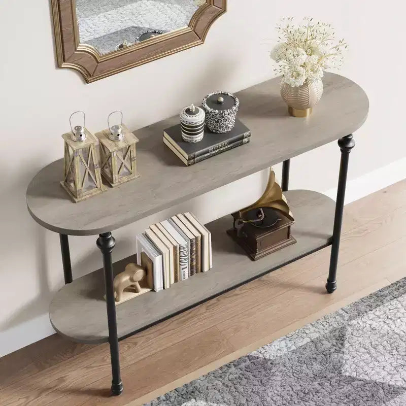 Console, Table d'entrée de 43 po avec rangement, Table de canapé à 2 niveaux avec cadre en métal et MDF, Derrière le canapé - Gris rustique
