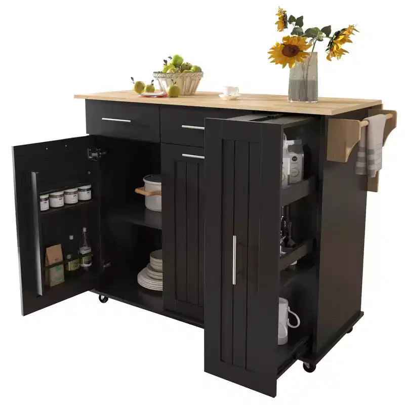 Îlot de cuisine avec abattant, chariot de rangement avec organisateur d'armoire coulissant à 3 niveaux, étagère interne, chariot roulant avec porte-serviettes et 2 tiroirs
