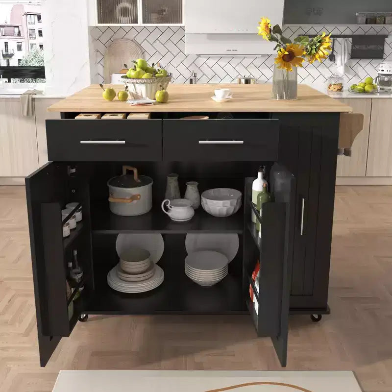 Îlot de cuisine avec abattant, chariot de rangement avec organisateur d'armoire coulissant à 3 niveaux, étagère interne, chariot roulant avec porte-serviettes et 2 tiroirs