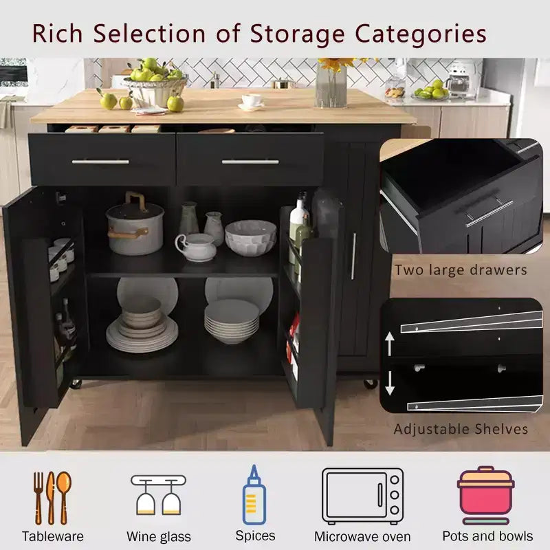 Îlot de cuisine avec abattant, chariot de rangement avec organisateur d'armoire coulissant à 3 niveaux, étagère interne, chariot roulant avec porte-serviettes et 2 tiroirs