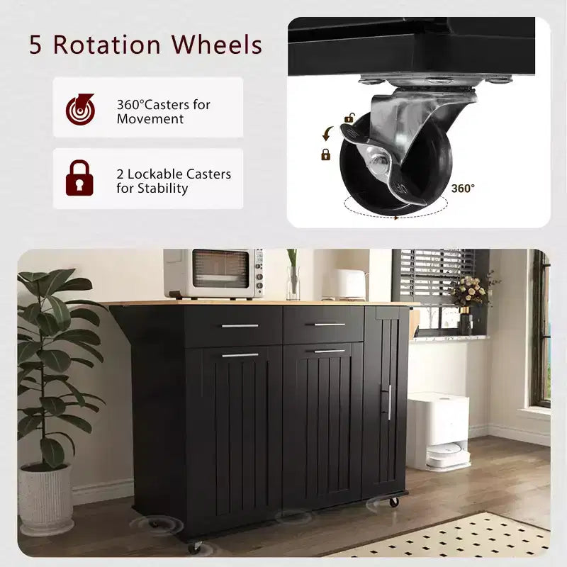Îlot de cuisine avec abattant, chariot de rangement avec organisateur d'armoire coulissant à 3 niveaux, étagère interne, chariot roulant avec porte-serviettes et 2 tiroirs