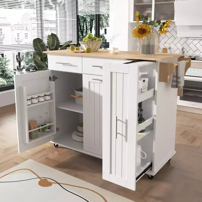 Îlot de cuisine avec abattant, chariot de rangement avec organisateur d'armoire coulissant à 3 niveaux, étagère interne, chariot roulant avec porte-serviettes et 2 tiroirs
