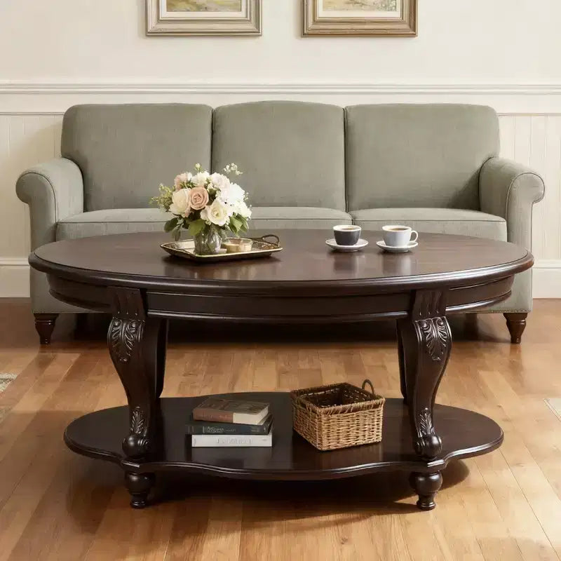 Hostack 42'' oval wood coffee table with 2-Tiers and Open Storage Shelf for Living Room, Espresso