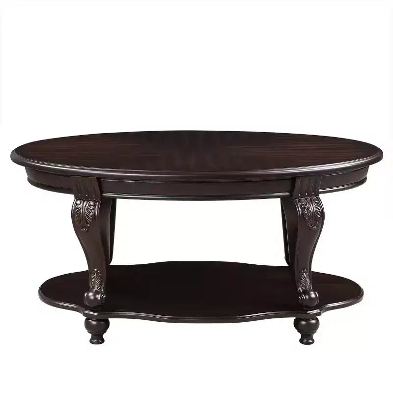 Table basse ovale en bois de 42'' à 2 niveaux avec étagère de rangement ouverte pour le salon, Espresso