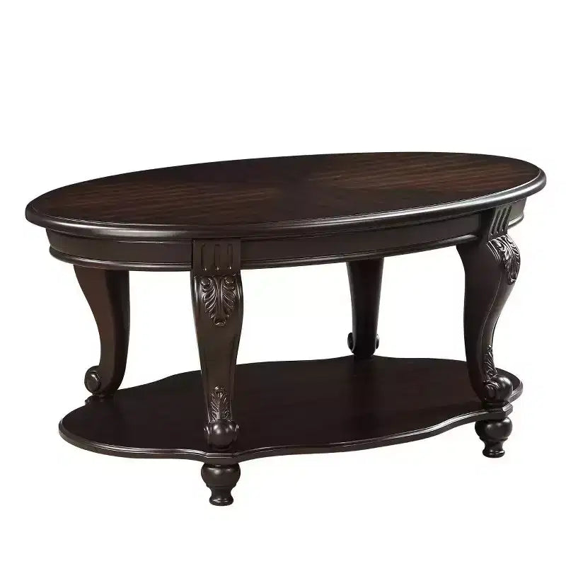 Table basse ovale en bois de 42'' à 2 niveaux avec étagère de rangement ouverte pour le salon, Espresso