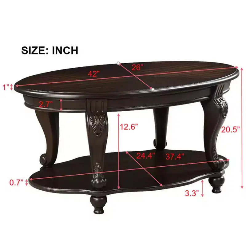 Table basse ovale en bois de 42'' à 2 niveaux avec étagère de rangement ouverte pour le salon, Espresso