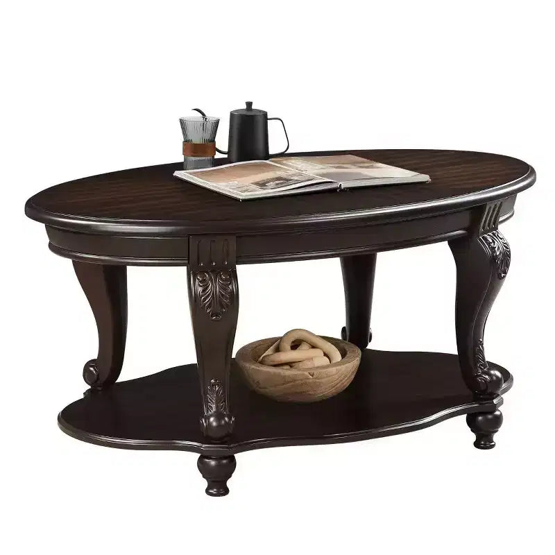 Table basse ovale en bois de 42'' à 2 niveaux avec étagère de rangement ouverte pour le salon, Espresso