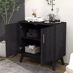 Un buffet encastré de style moderne du milieu du siècle avec une barre de levage réglable et des pieds en bois massif, adapté au salon.