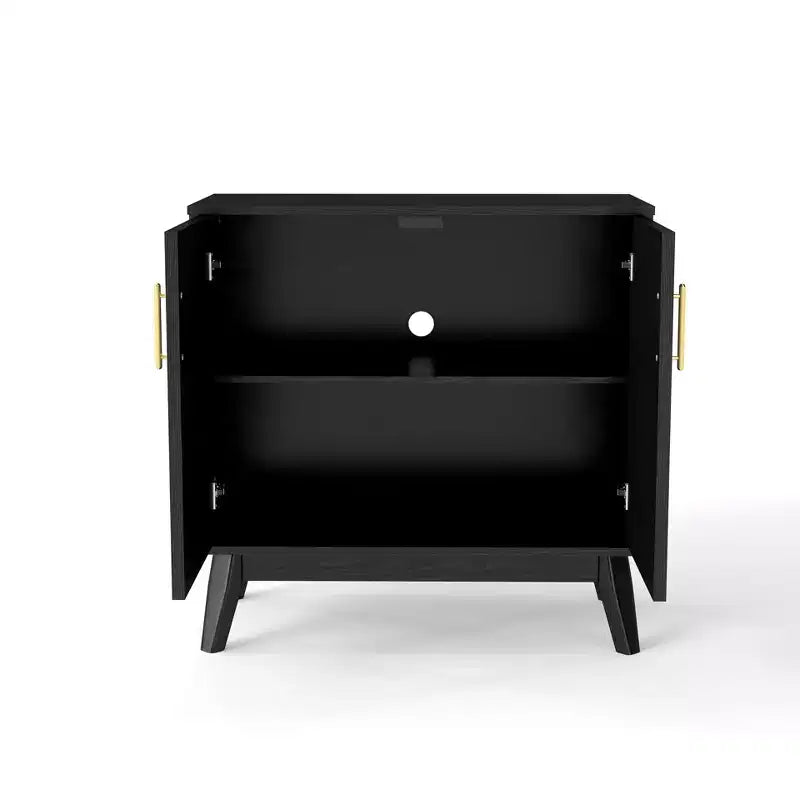 Un buffet encastré de style moderne du milieu du siècle avec une barre de levage réglable et des pieds en bois massif, adapté au salon.