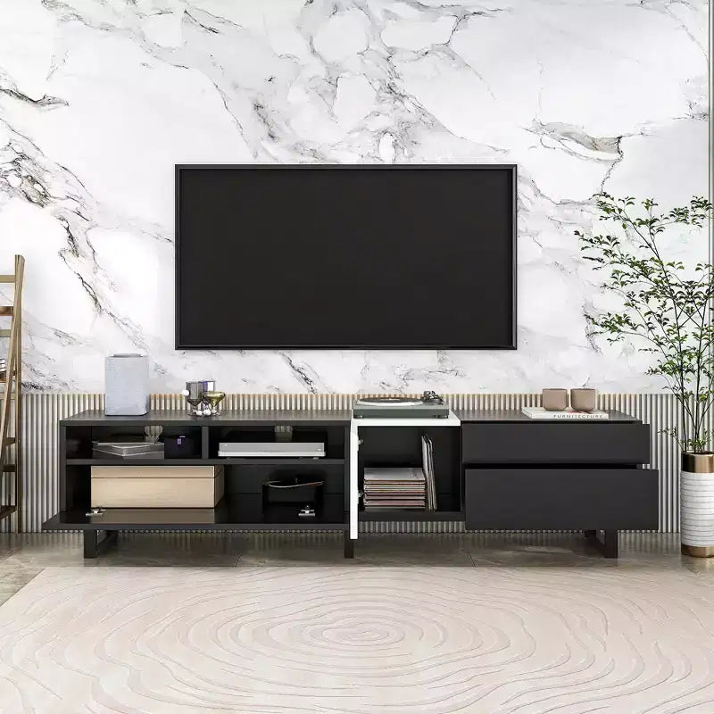 Meuble TV Moderne, Meuble TV pour Téléviseurs jusqu'à 80 pouces, Meuble de Divertissement avec Tiroirs et Étagères Ouvertes, Assemblage Facile