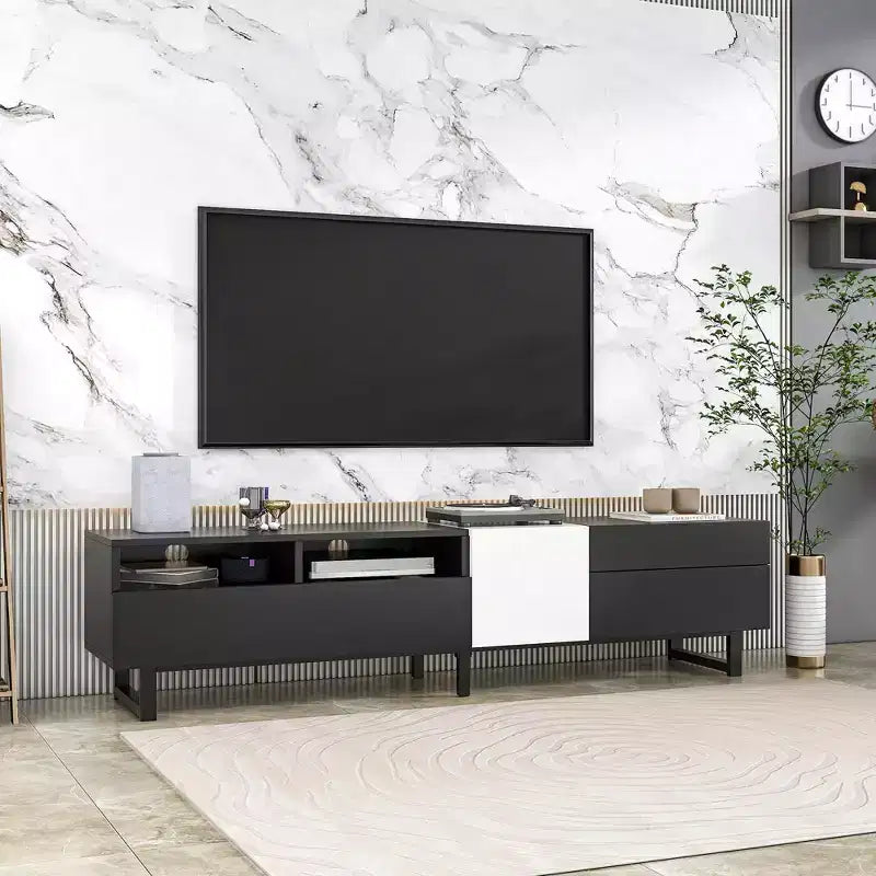 Meuble TV Moderne, Meuble TV pour Téléviseurs jusqu'à 80 pouces, Meuble de Divertissement avec Tiroirs et Étagères Ouvertes, Assemblage Facile