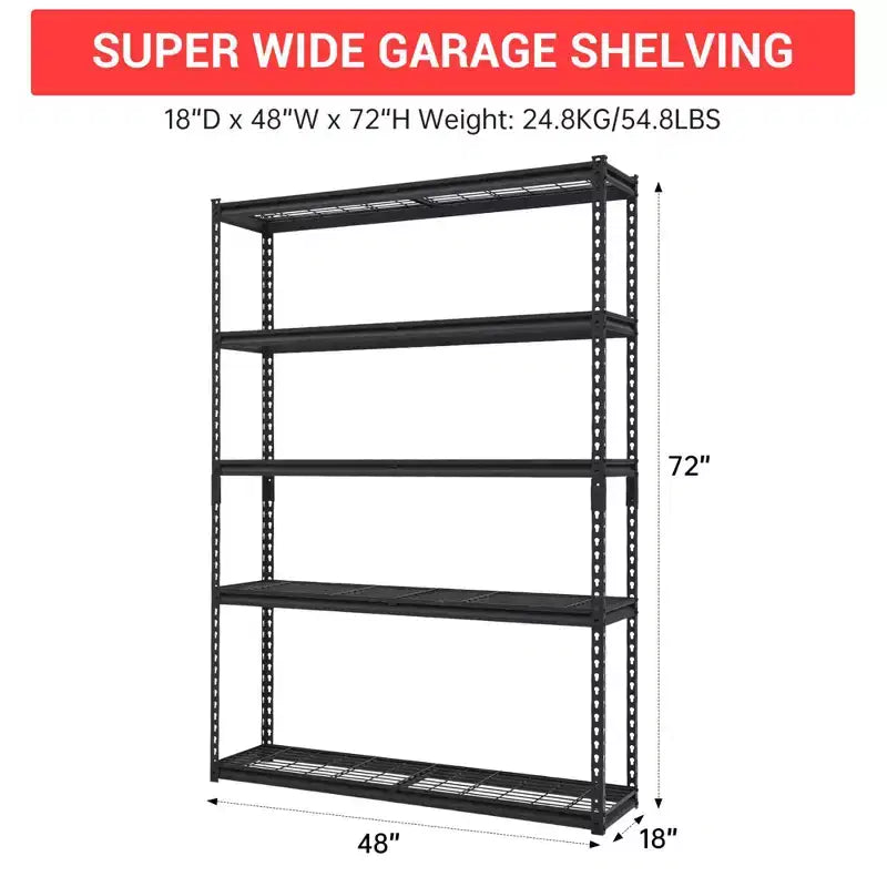 48 Étagères de garage à 5 niveaux, unité de rayonnage robuste de 2500 livres pour garage, étagères de rangement métalliques réglables