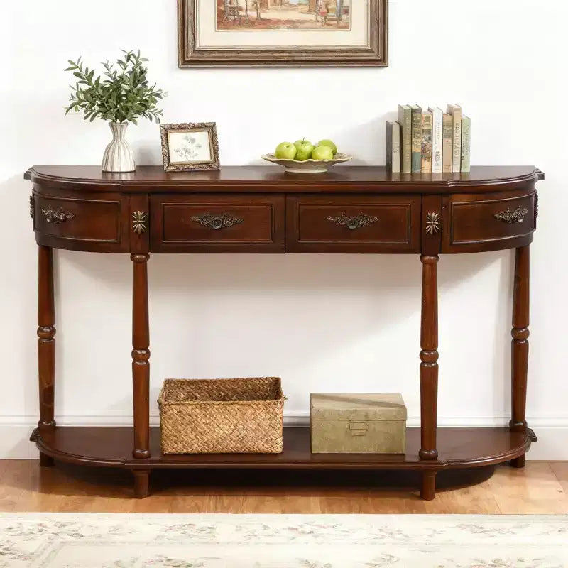 Hostack 52'' Retro Curved Wood Console Table with Open Shelf and 2 Drawers for Living Room and Hallway, Cherry