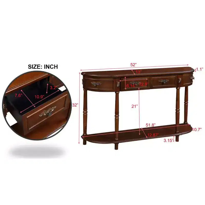 Table console incurvée rétro en bois de 52 po avec étagère ouverte et 2 tiroirs pour le salon et le couloir, cerisier