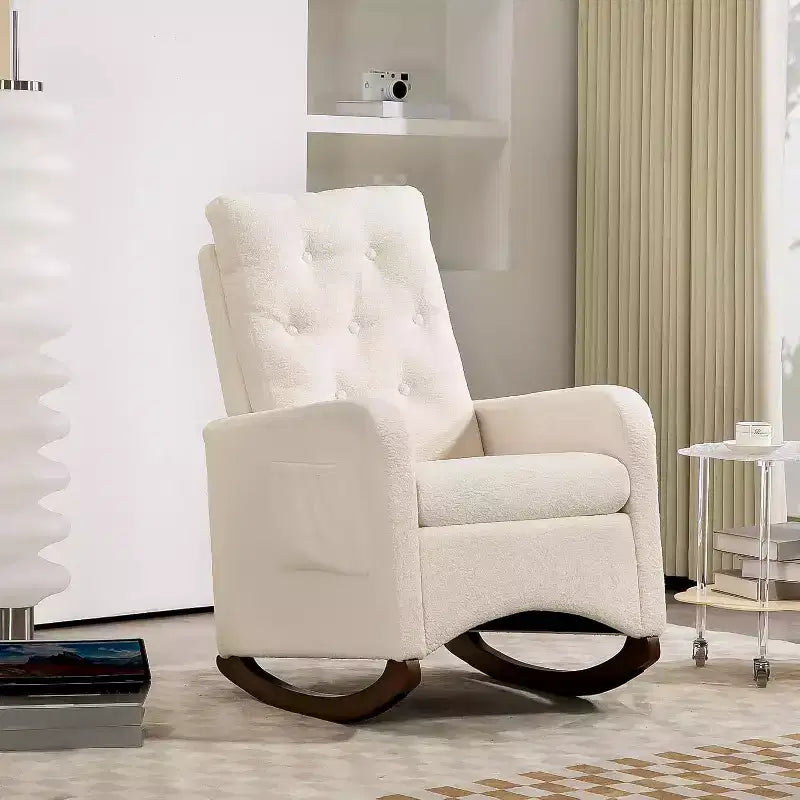 Fauteuil à bascule de puériculture, Fauteuil à bascule rembourré confortable avec pieds en bois d'hévéa, dossier haut et poche latérale pour salon et chambre à coucher