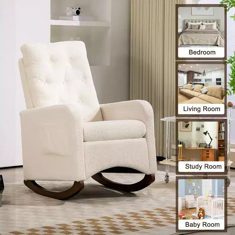 Fauteuil à bascule de puériculture, Fauteuil à bascule rembourré confortable avec pieds en bois d'hévéa, dossier haut et poche latérale pour salon et chambre à coucher
