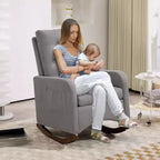 Fauteuil à bascule de puériculture, Fauteuil à bascule rembourré confortable avec pieds en bois d'hévéa, dossier haut et poche latérale pour salon et chambre à coucher
