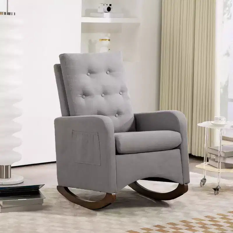 Fauteuil à bascule de puériculture, Fauteuil à bascule rembourré confortable avec pieds en bois d'hévéa, dossier haut et poche latérale pour salon et chambre à coucher