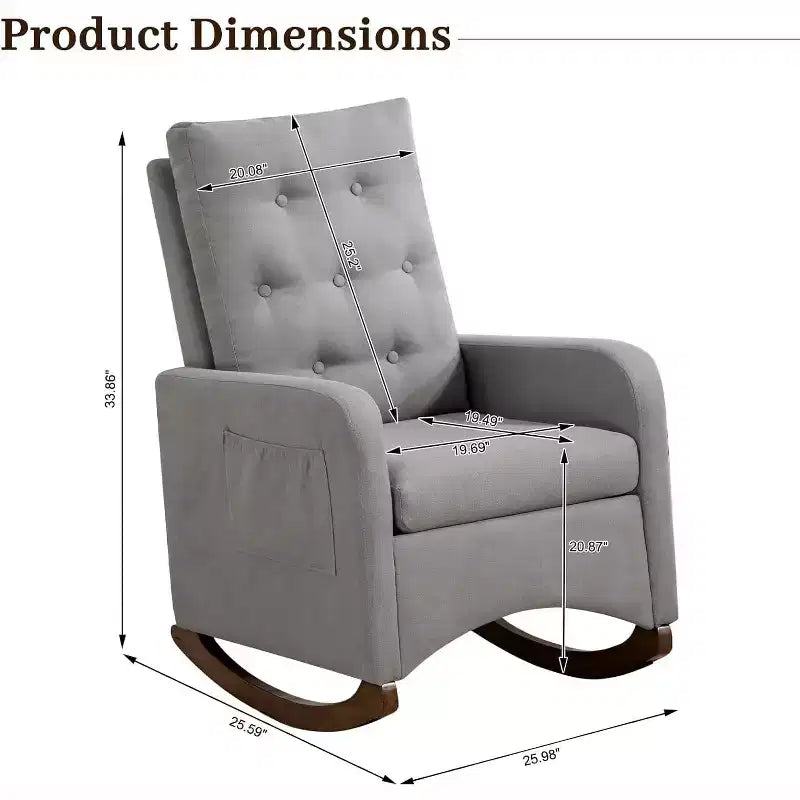 Fauteuil à bascule de puériculture, Fauteuil à bascule rembourré confortable avec pieds en bois d'hévéa, dossier haut et poche latérale pour salon et chambre à coucher