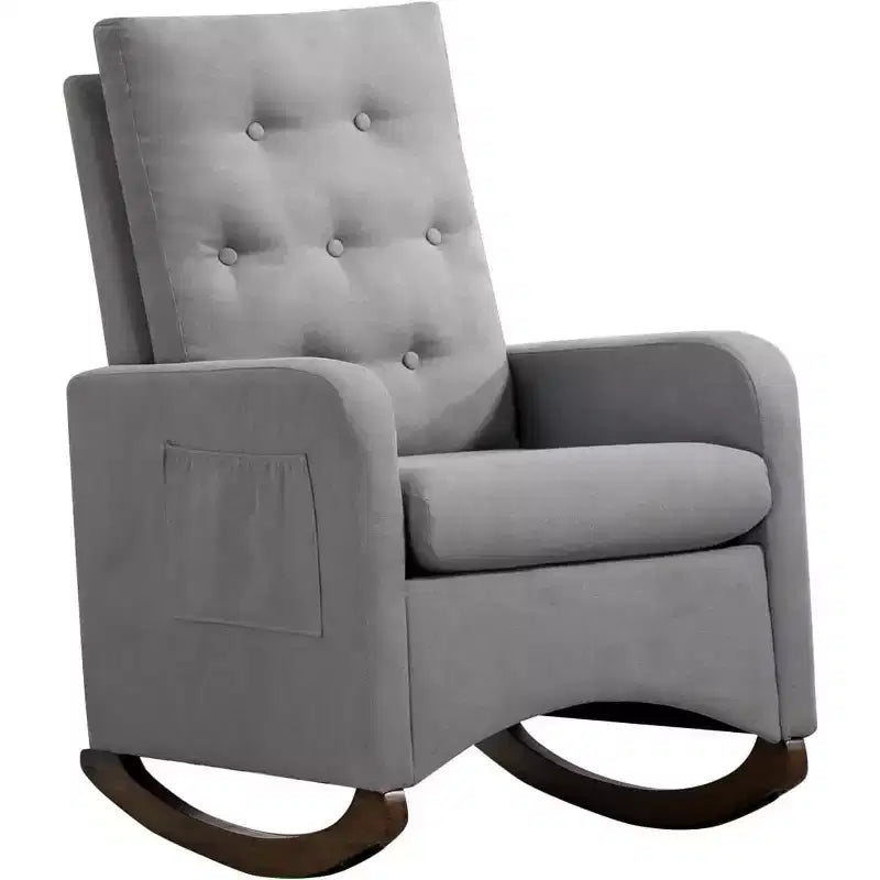 Nursery Rocking Chair, Comfy Upholstered Glider Rocker Armchair with Rubber Wood Legs High Back and Side Pocket for Living Room Bedroom