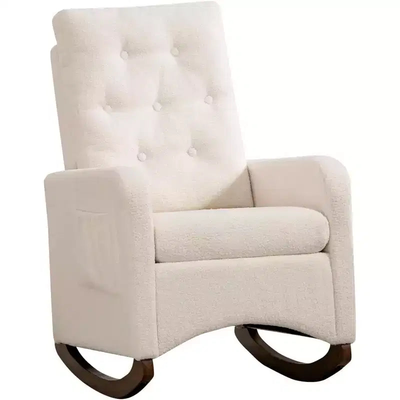 Fauteuil à bascule de puériculture, Fauteuil à bascule rembourré confortable avec pieds en bois d'hévéa, dossier haut et poche latérale pour salon et chambre à coucher