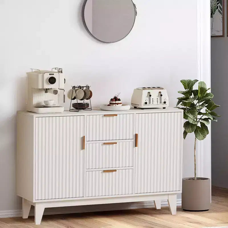 Buffet bas cannelé, Armoire de rangement pour bar à café avec 3 tiroirs et 2 portes, 120 cm, pour cuisine, salon, entrée