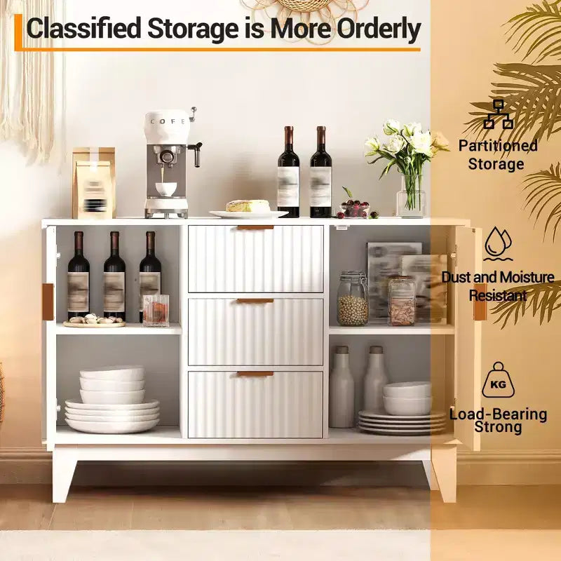 Buffet bas cannelé, Armoire de rangement pour bar à café avec 3 tiroirs et 2 portes, 120 cm, pour cuisine, salon, entrée