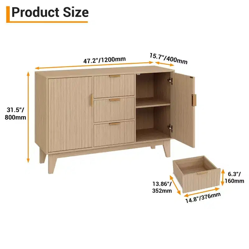 Buffet bas cannelé, Armoire de rangement pour bar à café avec 3 tiroirs et 2 portes, 120 cm, pour cuisine, salon, entrée