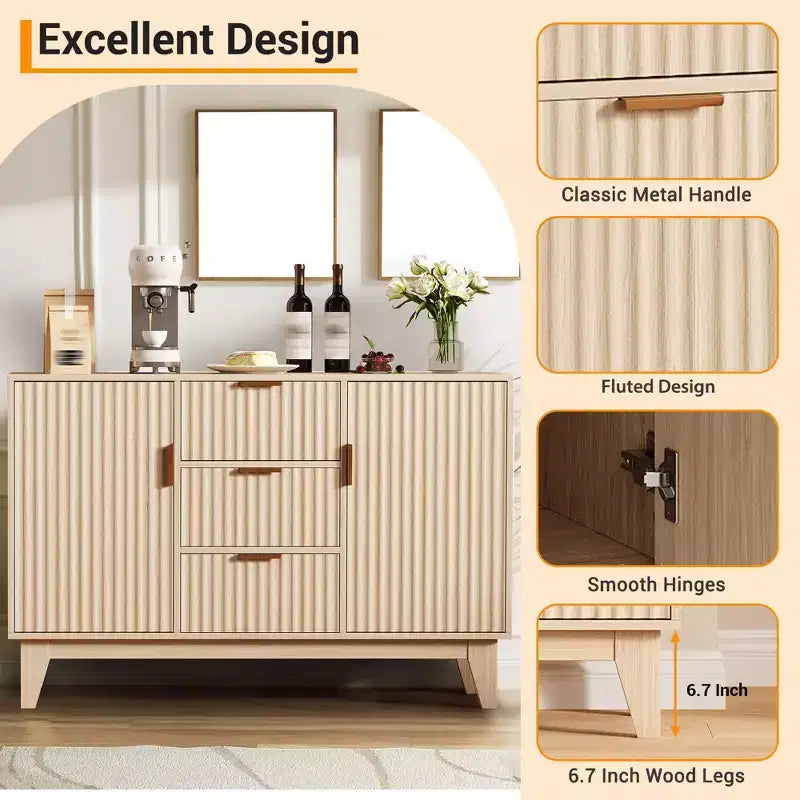 Buffet bas cannelé, Armoire de rangement pour bar à café avec 3 tiroirs et 2 portes, 120 cm, pour cuisine, salon, entrée