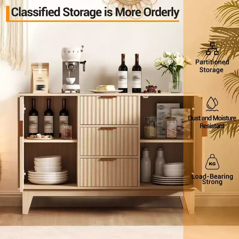 Buffet bas cannelé, Armoire de rangement pour bar à café avec 3 tiroirs et 2 portes, 120 cm, pour cuisine, salon, entrée
