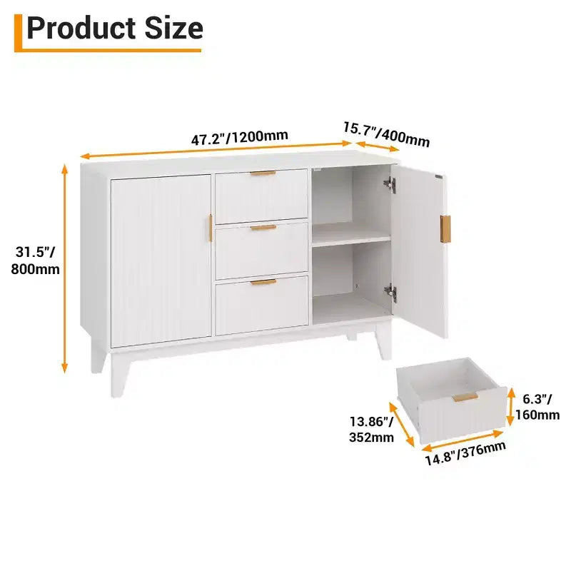 Buffet bas cannelé, Armoire de rangement pour bar à café avec 3 tiroirs et 2 portes, 120 cm, pour cuisine, salon, entrée