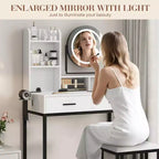 Coiffeuse avec miroir rotatif, Coiffeuse de maquillage avec miroir réglable, Coiffeuse avec 2 tiroirs, Étagères de rangement et Tabouret pour chambre à coucher