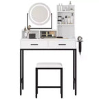 Coiffeuse avec miroir rotatif, Coiffeuse de maquillage avec miroir réglable, Coiffeuse avec 2 tiroirs, Étagères de rangement et Tabouret pour chambre à coucher