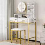 Coiffeuse avec miroir rotatif, Coiffeuse de maquillage avec miroir réglable, Coiffeuse avec 2 tiroirs, Étagères de rangement et Tabouret pour chambre à coucher
