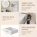 Coiffeuse avec miroir rotatif, Coiffeuse de maquillage avec miroir réglable, Coiffeuse avec 2 tiroirs, Étagères de rangement et Tabouret pour chambre à coucher