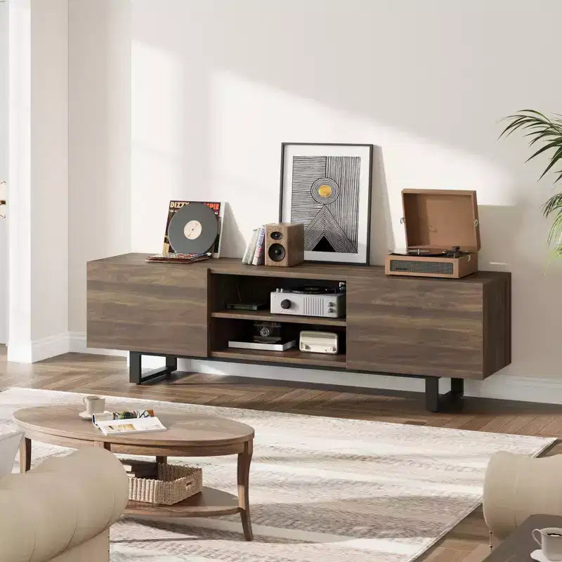 Meuble TV de style industriel avec deux tiroirs, adapté aux téléviseurs de 80 pouces, meuble multimédia en bois pour salons