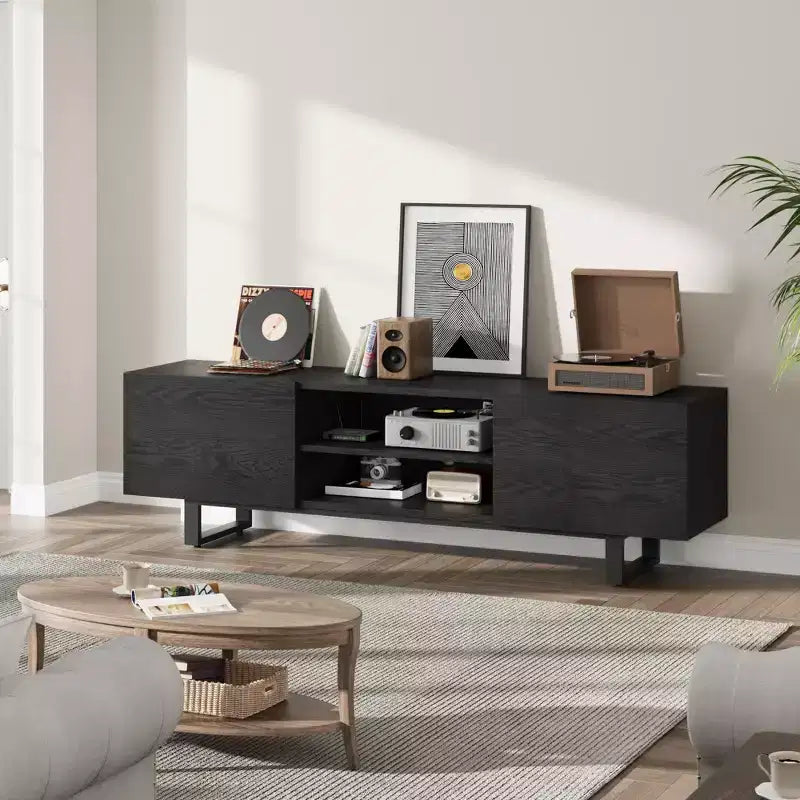 Meuble TV de style industriel avec deux tiroirs, adapté aux téléviseurs de 80 pouces, meuble multimédia en bois pour salons
