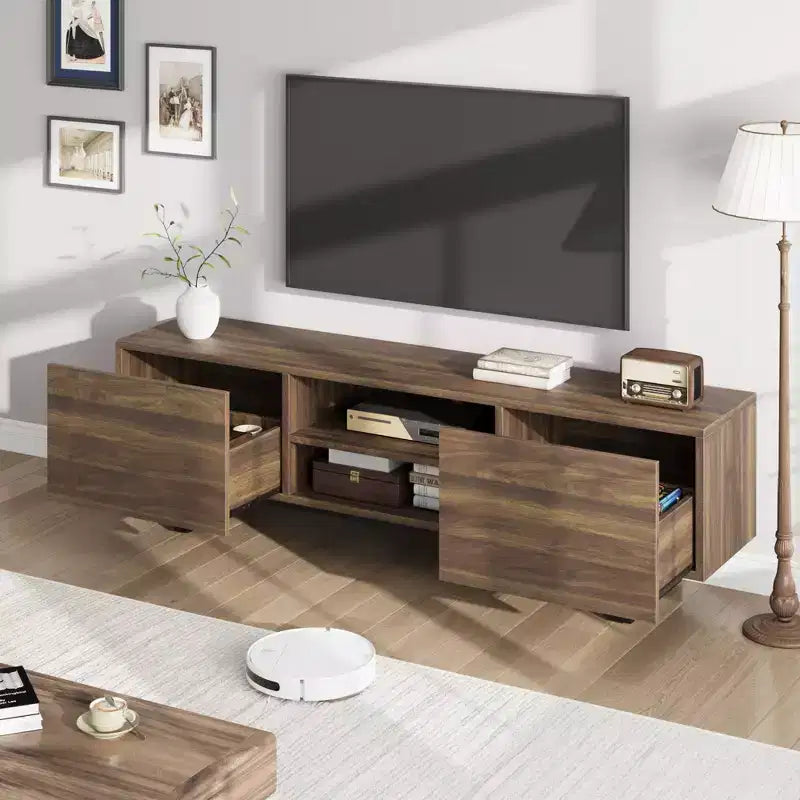 Meuble TV de style industriel avec deux tiroirs, adapté aux téléviseurs de 80 pouces, meuble multimédia en bois pour salons